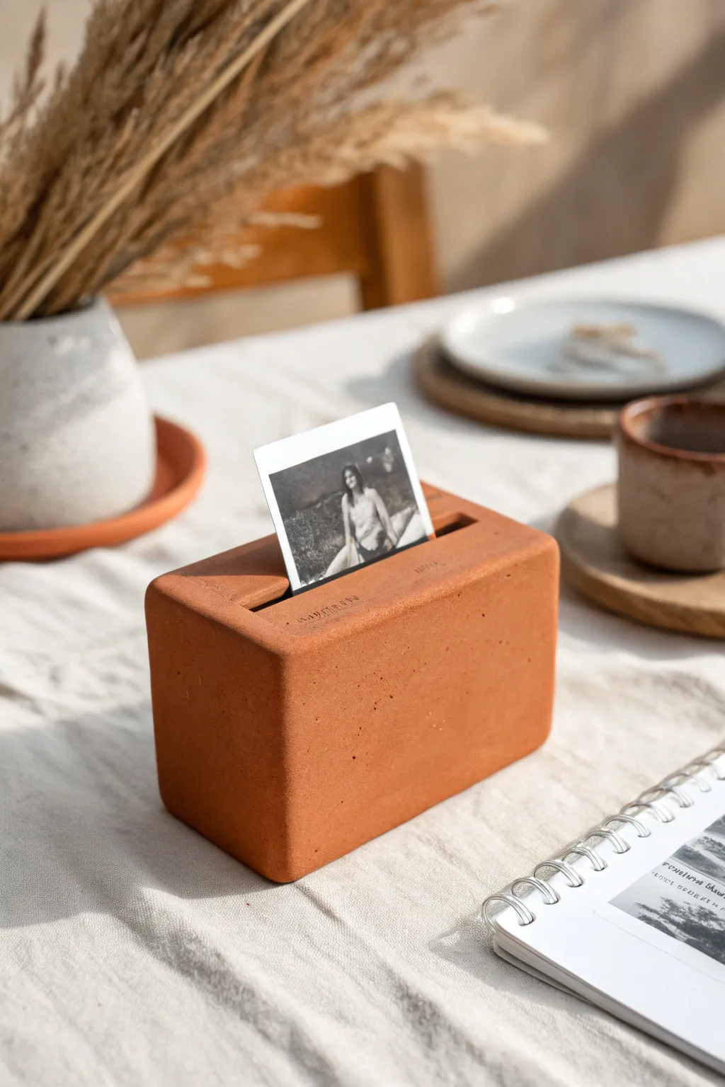 Minimal terracotta photo holder for a cozy table setting, simple, handmade, and beautifully natural