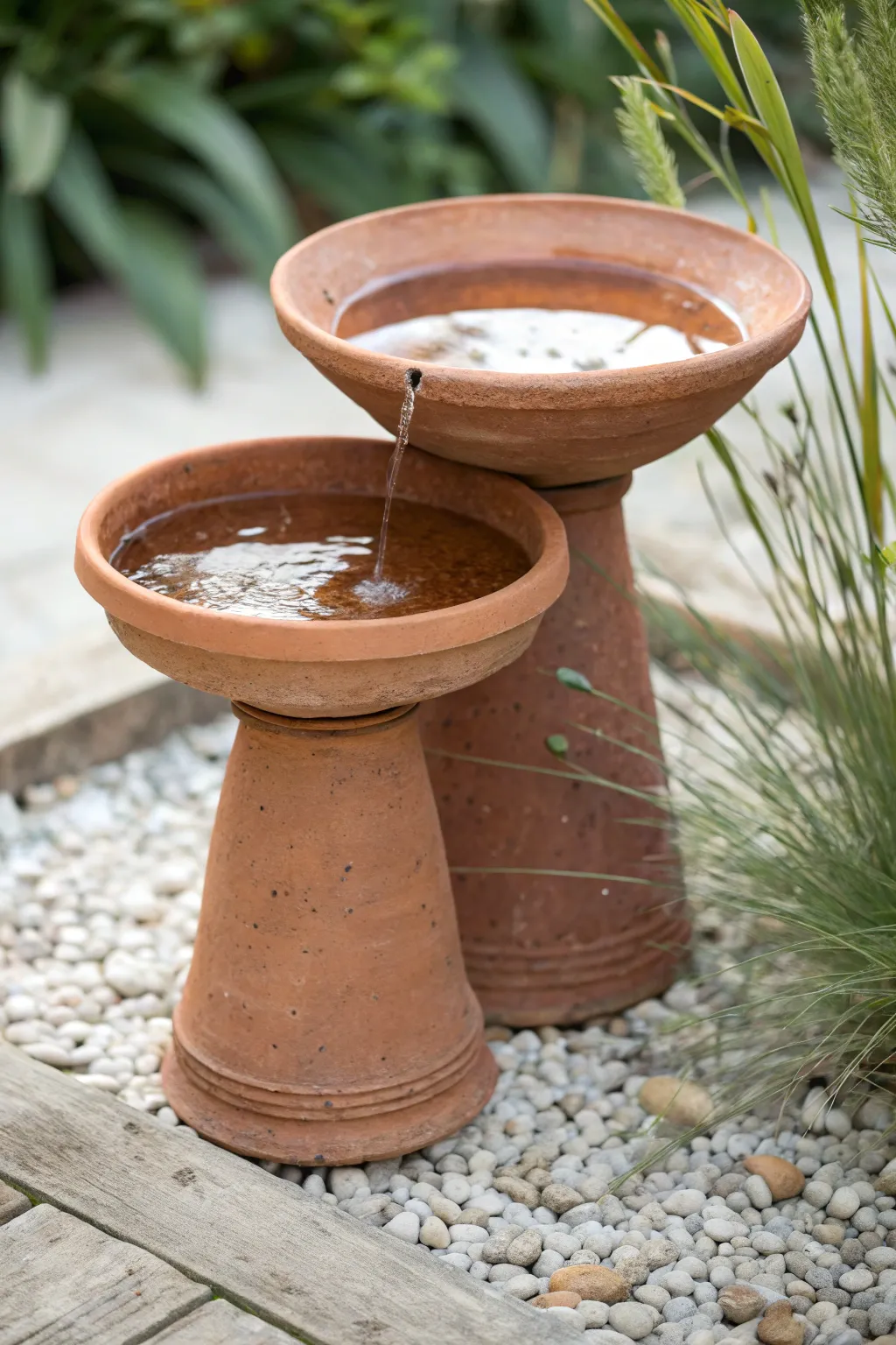 Minimal terracotta pot birdbath stack with a saucer bowl, perfect for a cozy garden corner.