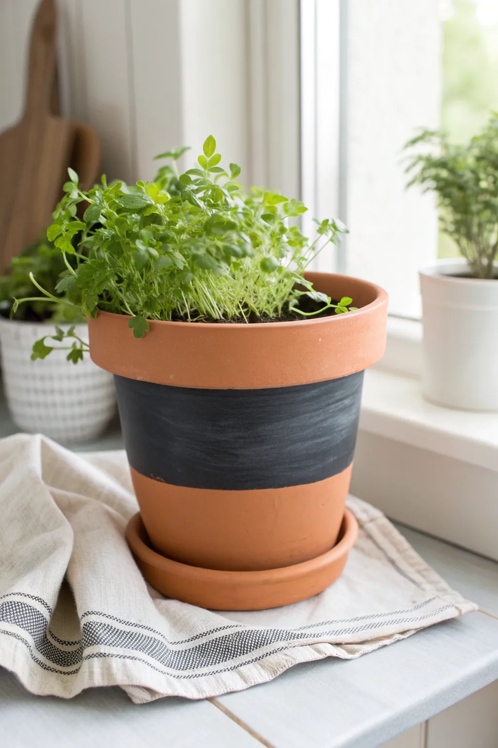 Minimal terracotta herb pot with a matte chalkboard band, styled in soft window light