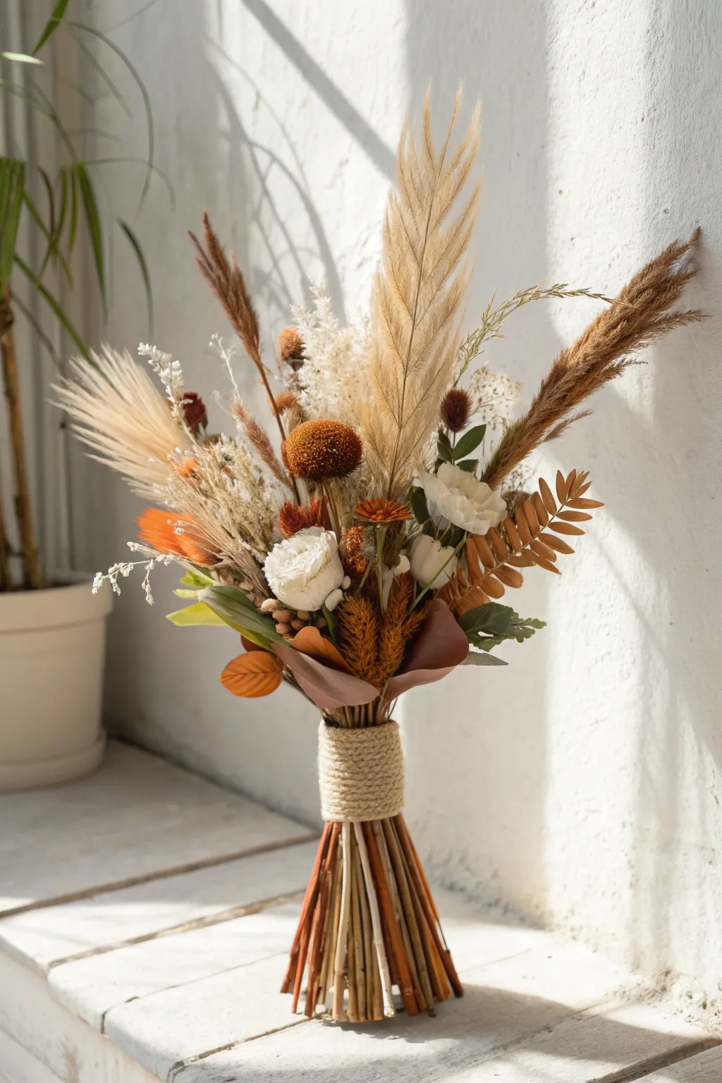 Warm terracotta dried bouquet with pampas and palm for a minimalist boho wedding look