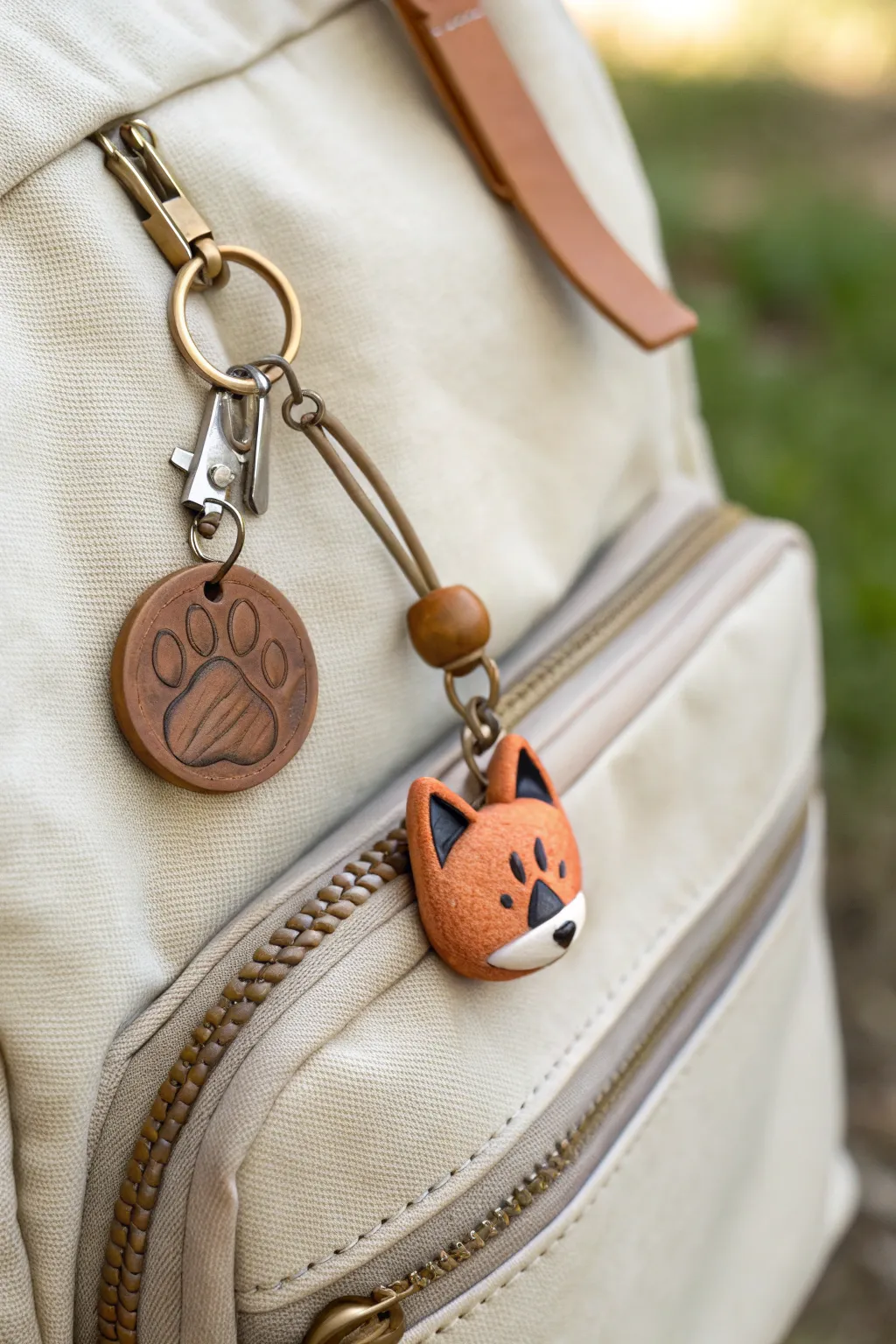Minimalist therian keychain with clay animal head charm and paw-stamped totem tag