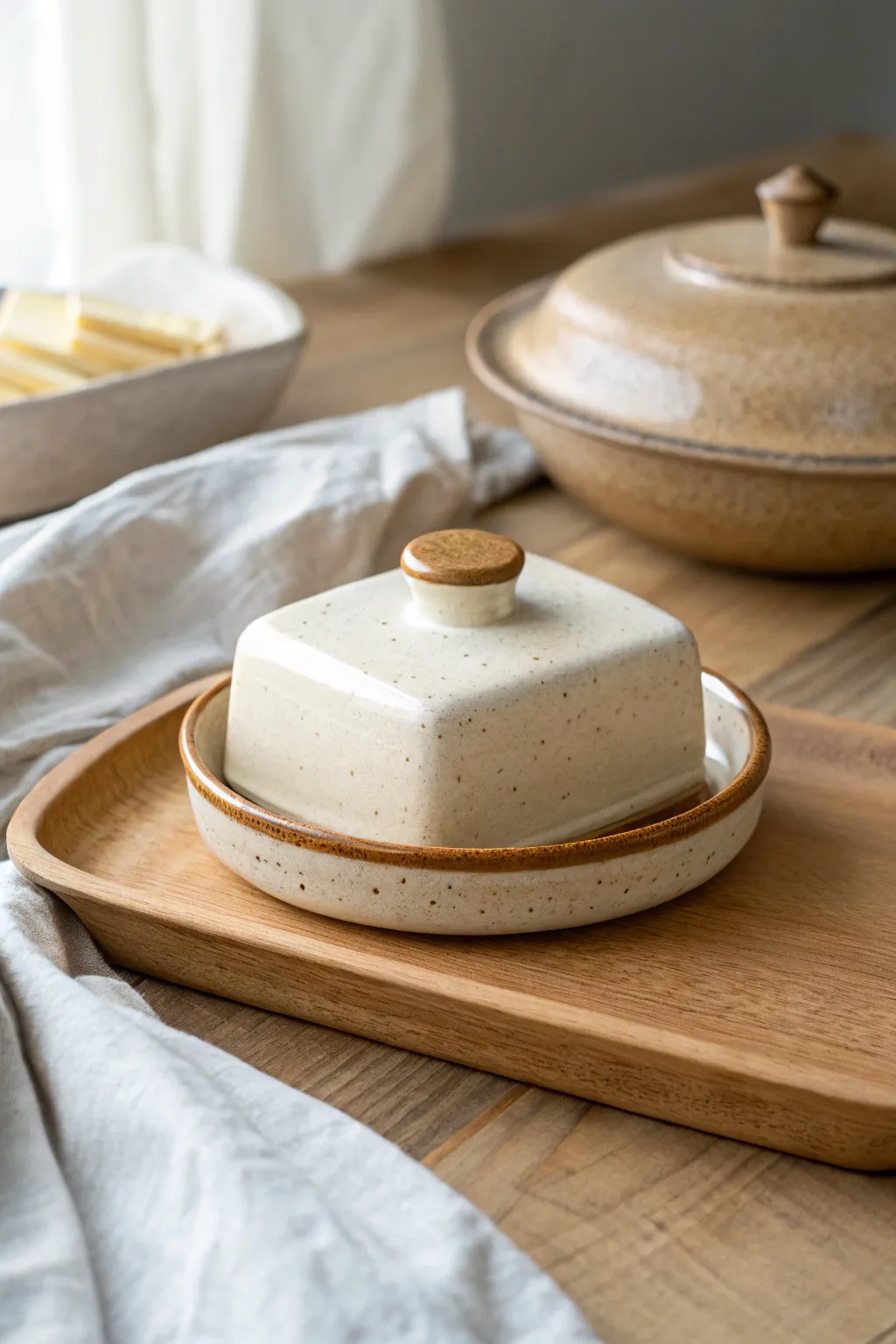 Minimal thrown butter dish with a boxy dome lid, clean lines, soft light, and natural texture
