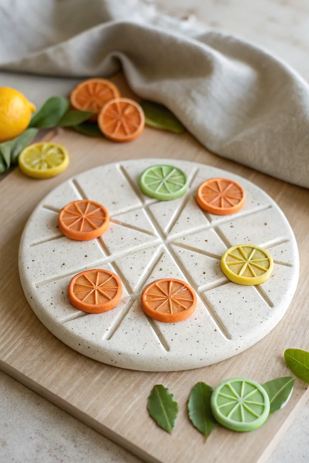 Playful citrus-slice clay tic tac toe—orange vs lime wedges on a minimalist tabletop.