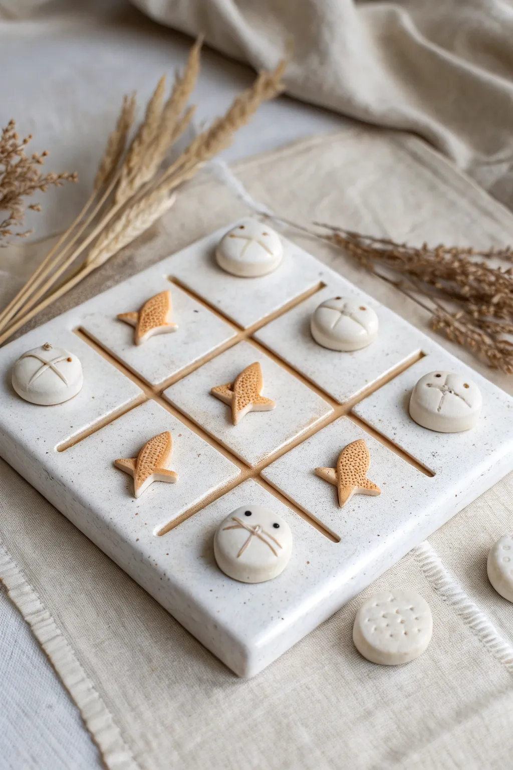 Minimal clay tic tac toe: chunky cats vs fish markers on a clean handmade board
