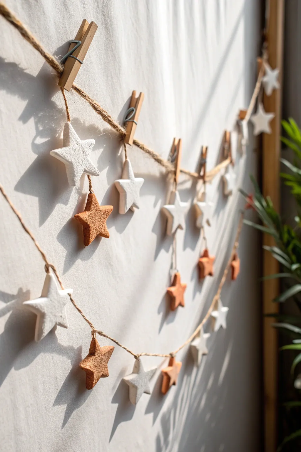 Mini air-dry clay star garland brings simple handmade charm to a calm, cozy space.