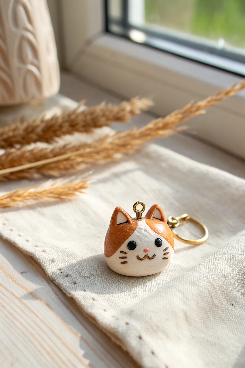 Tiny chibi cat head clay charm with minimalist whiskers, styled on linen for cozy boho vibes.