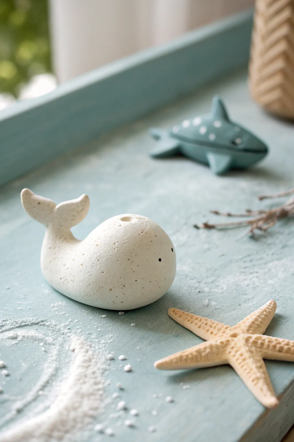 A tiny clay whale with subtle sea friends, minimalist ocean tones and cozy boho charm.