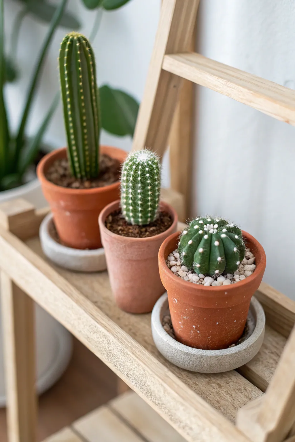Tiny polymer clay cactus trio in minimalist pots, a sweet Scandinavian-boho shelf accent.