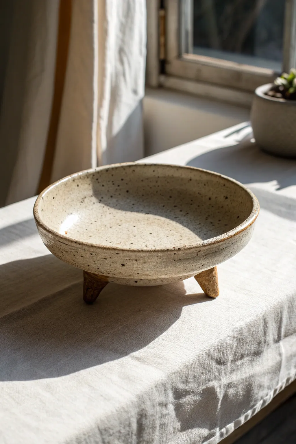 Minimalist wide rim tripod dish, speckled stoneware and soft lift, perfect for modern hosting.