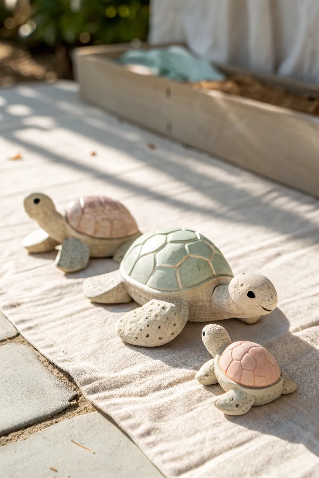 Mini clay turtle family set in soft pastels, lined up from big to tiny in airy minimal style