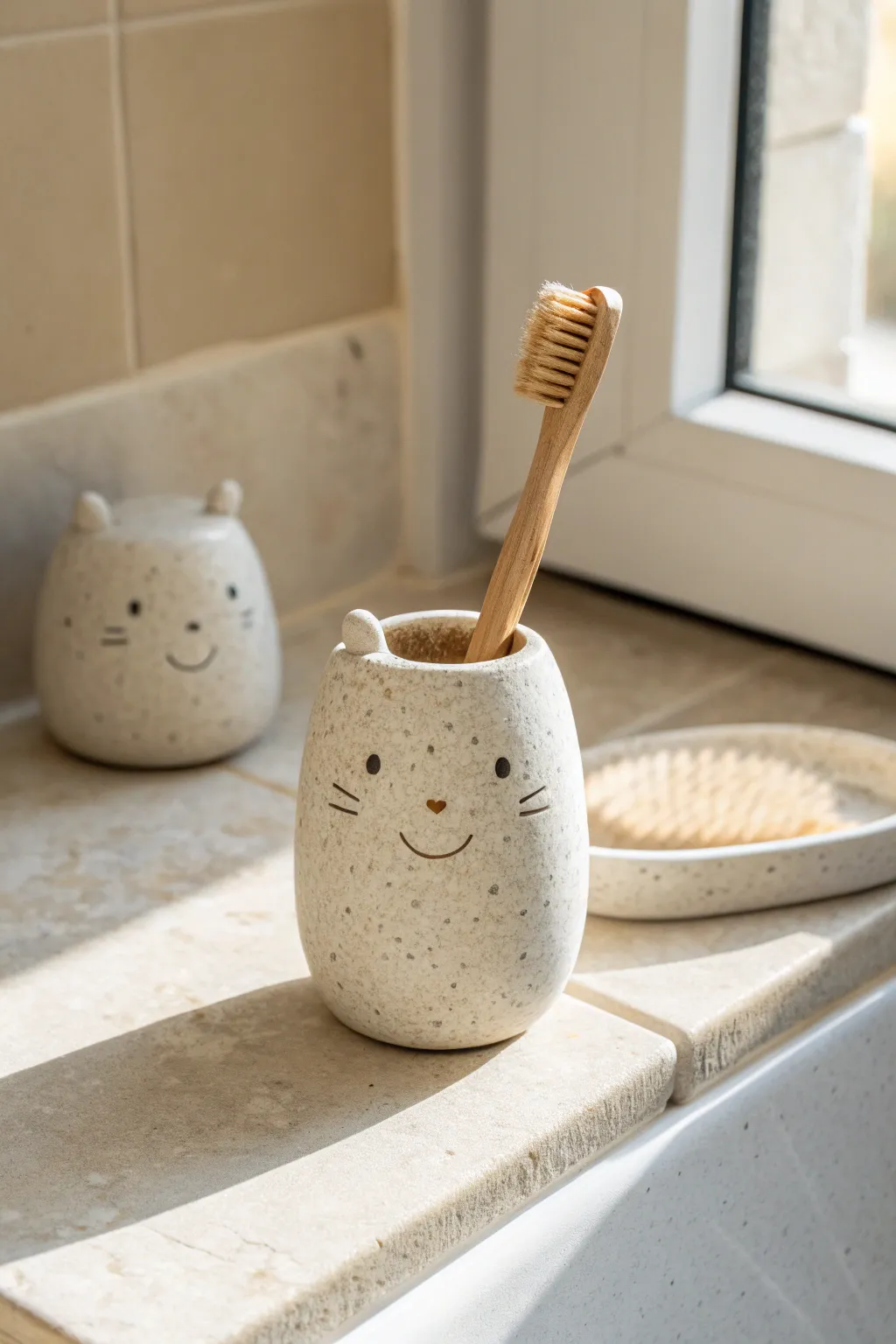 Minimal clay character toothbrush holder that neatly cradles one brush with warm, soft contrast