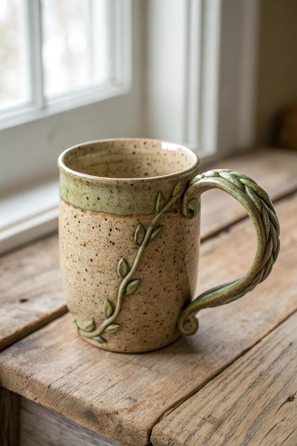 Vine-wrapped handle mug in earthy glaze, a simple garden-find vibe for slow coffee rituals.