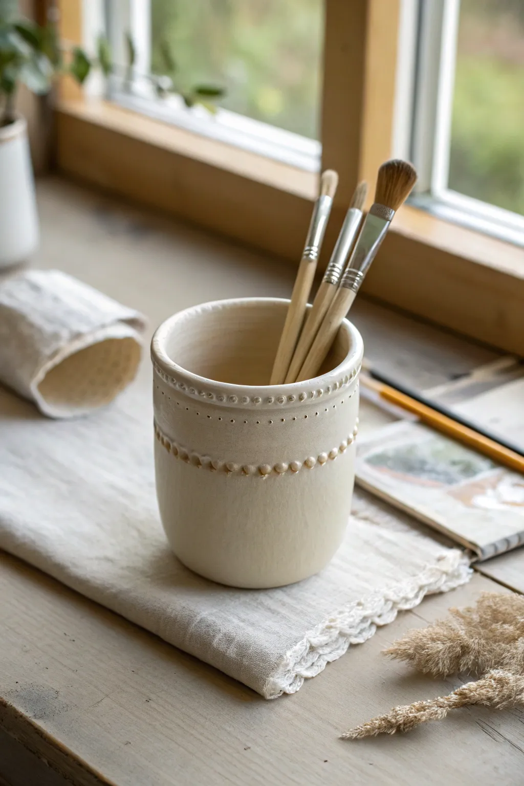 Minimalist pottery water cup with a built-in brush rest for an effortlessly tidy painting desk
