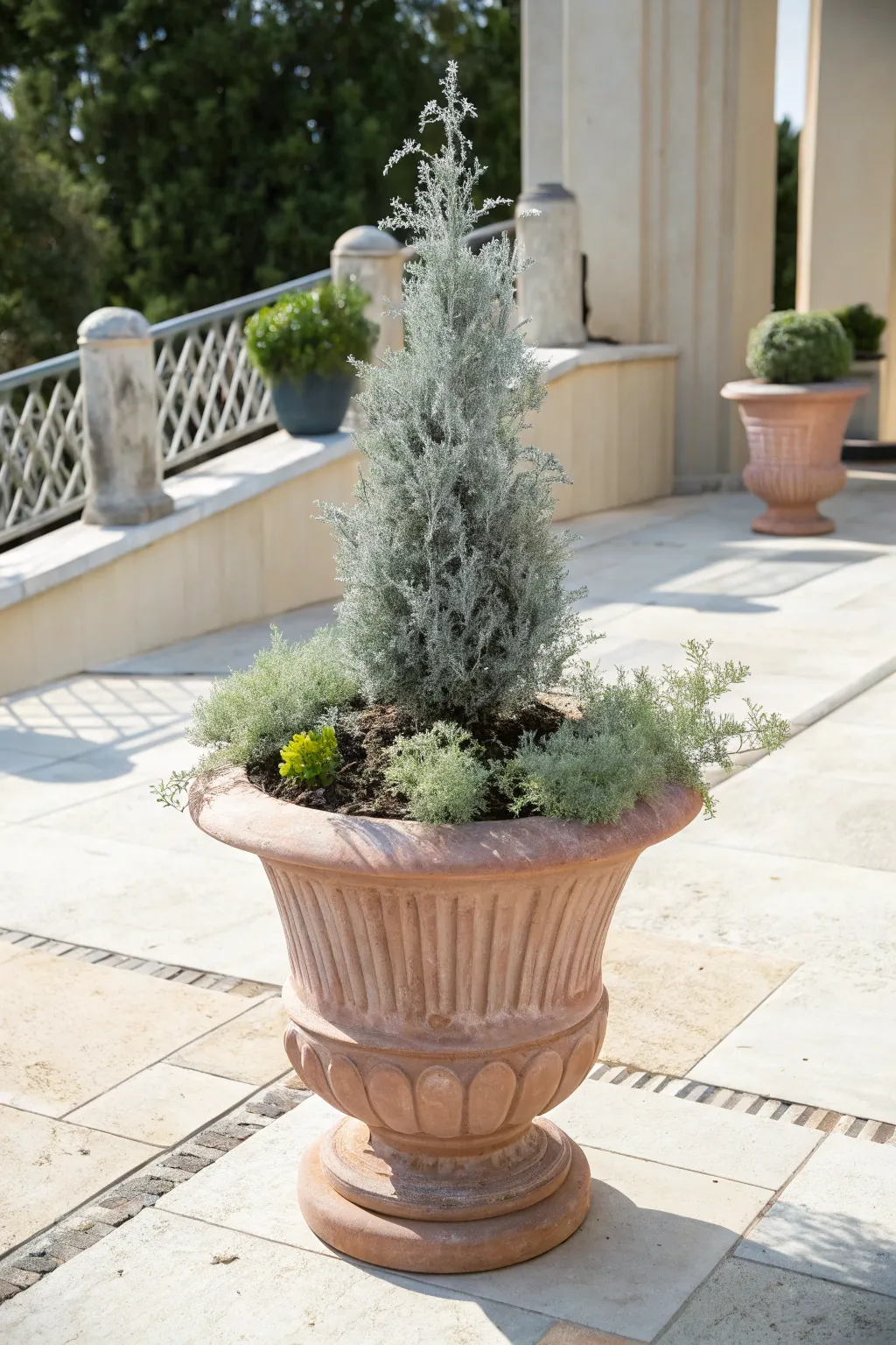 Bright terracotta urn with silver foliage, a tall centerpiece, and soft trailing green in full sun.