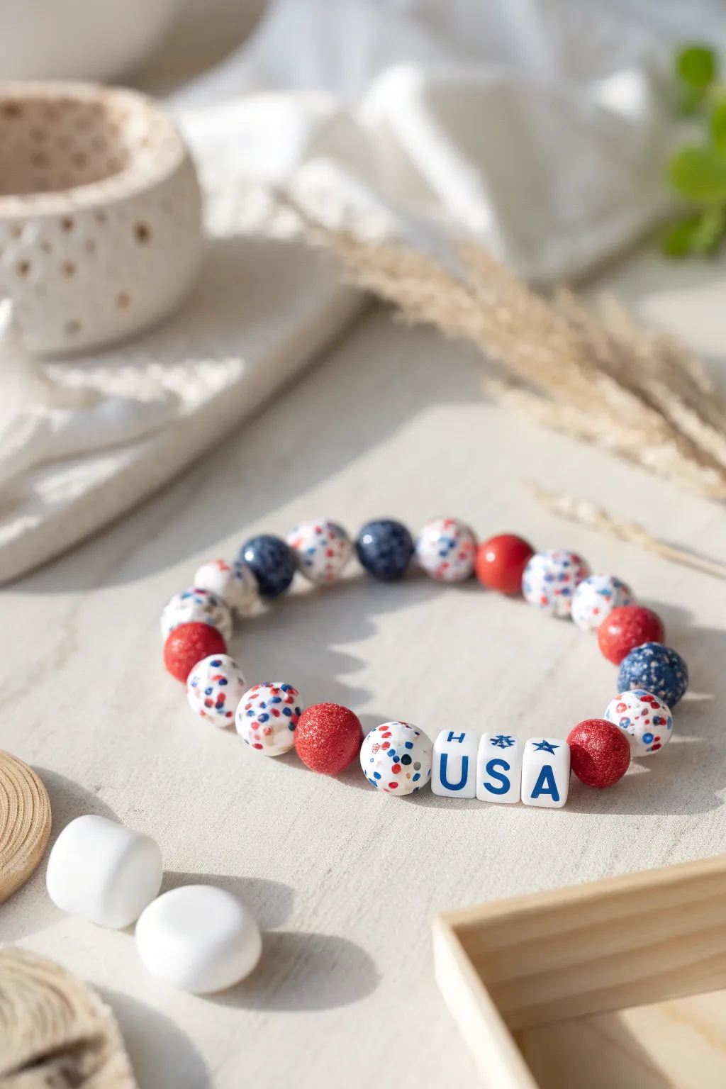 Confetti red white and blue clay bead bracelet with a simple USA letter strand for July 4th