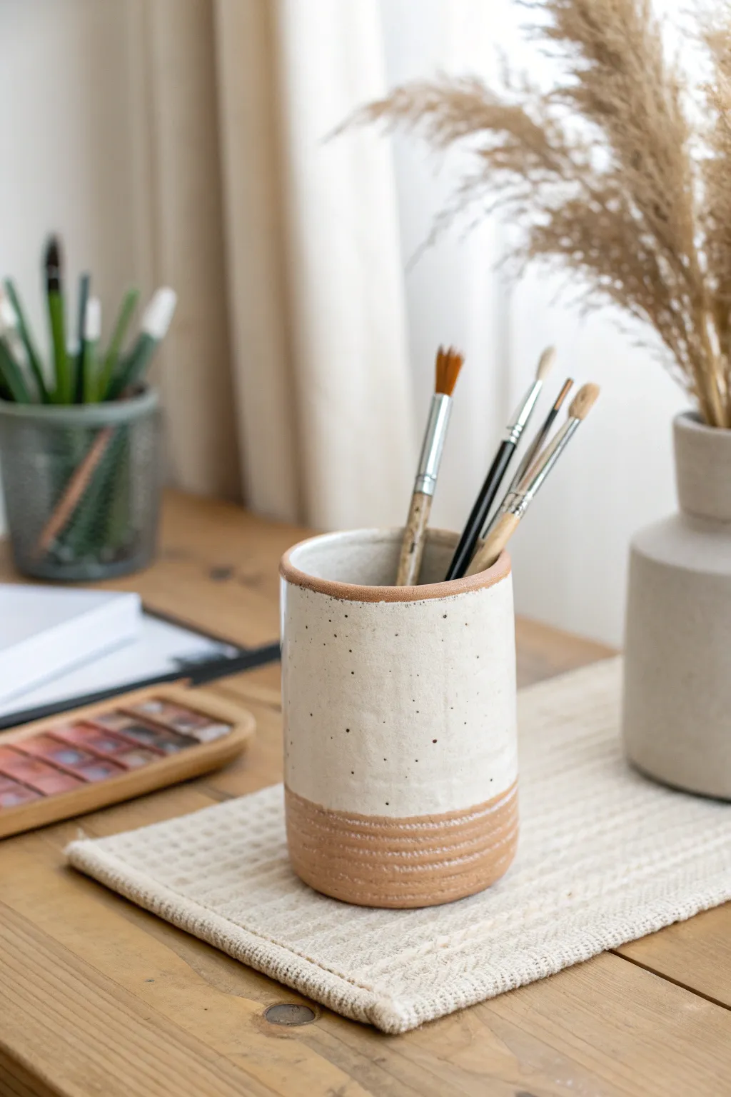 Handmade clay pencil cup with pens and brushes, bringing calm Scandinavian charm to your desk.