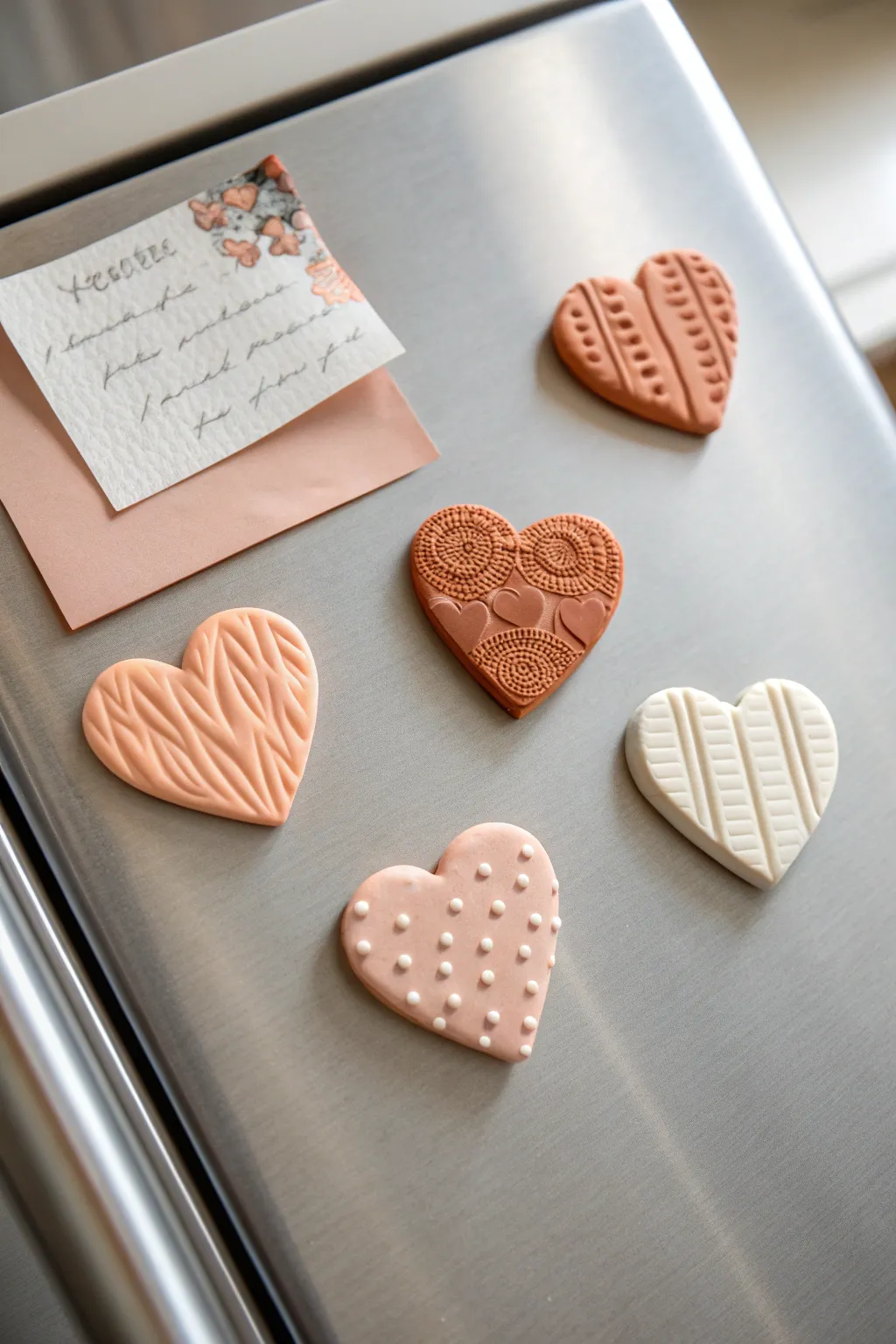 Textured heart air dry clay fridge magnets in soft blush tones, minimalist Valentine decor.