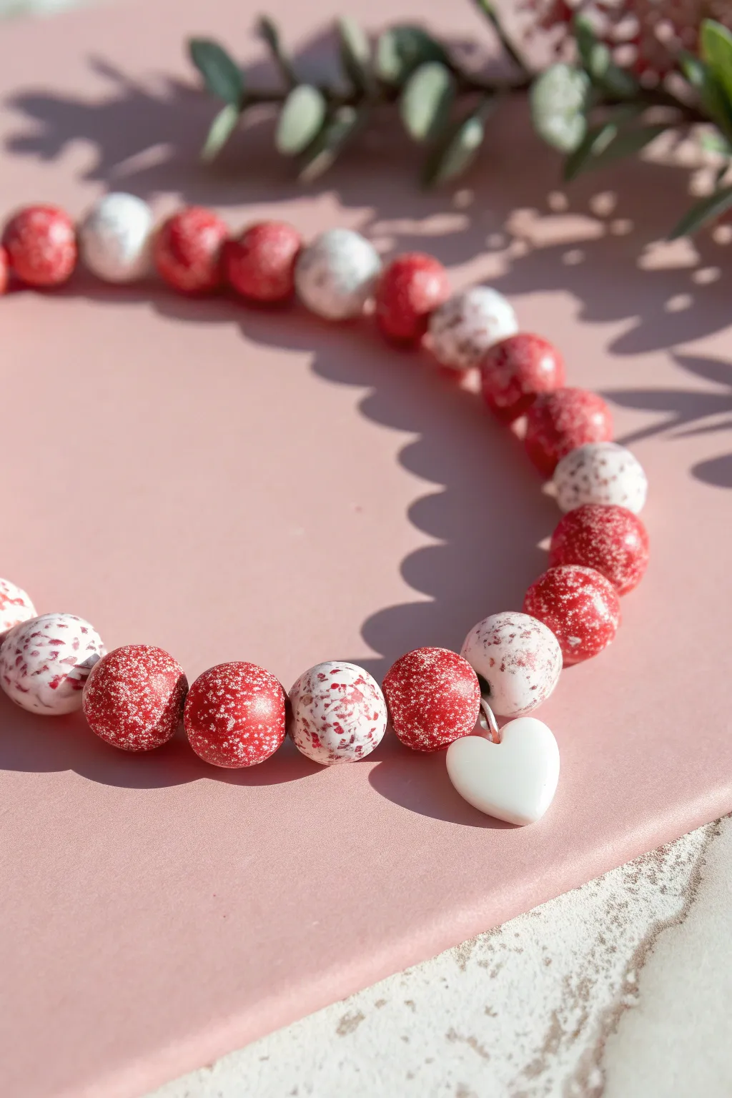 Sweet sugar speckled red and white clay disc bead bracelet with a centered heart accent