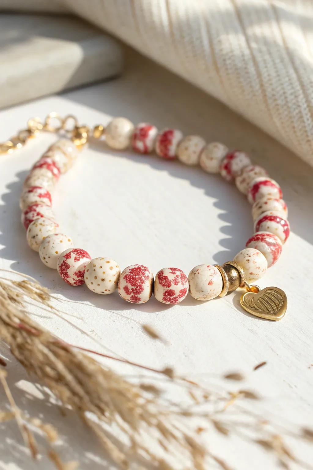 Strawberries and cream heishi bracelet with a tiny heart charm and gold spacers, sweet and minimal