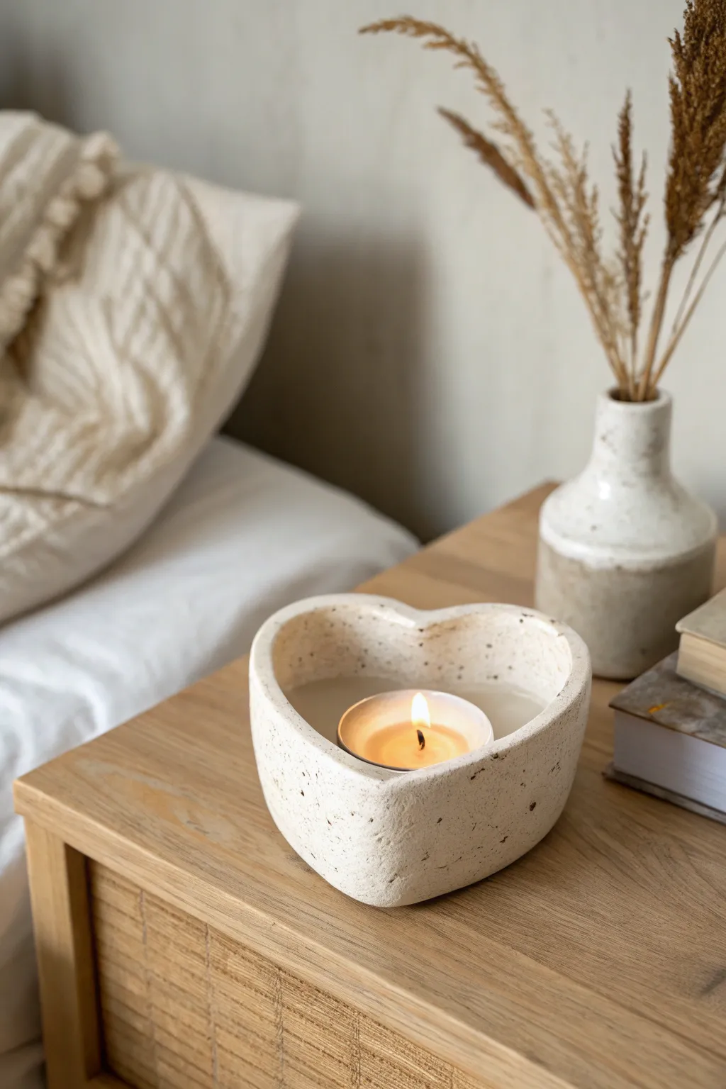Cozy heart pinch pot candle holder in soft candlelight, minimal Scandinavian boho vibes