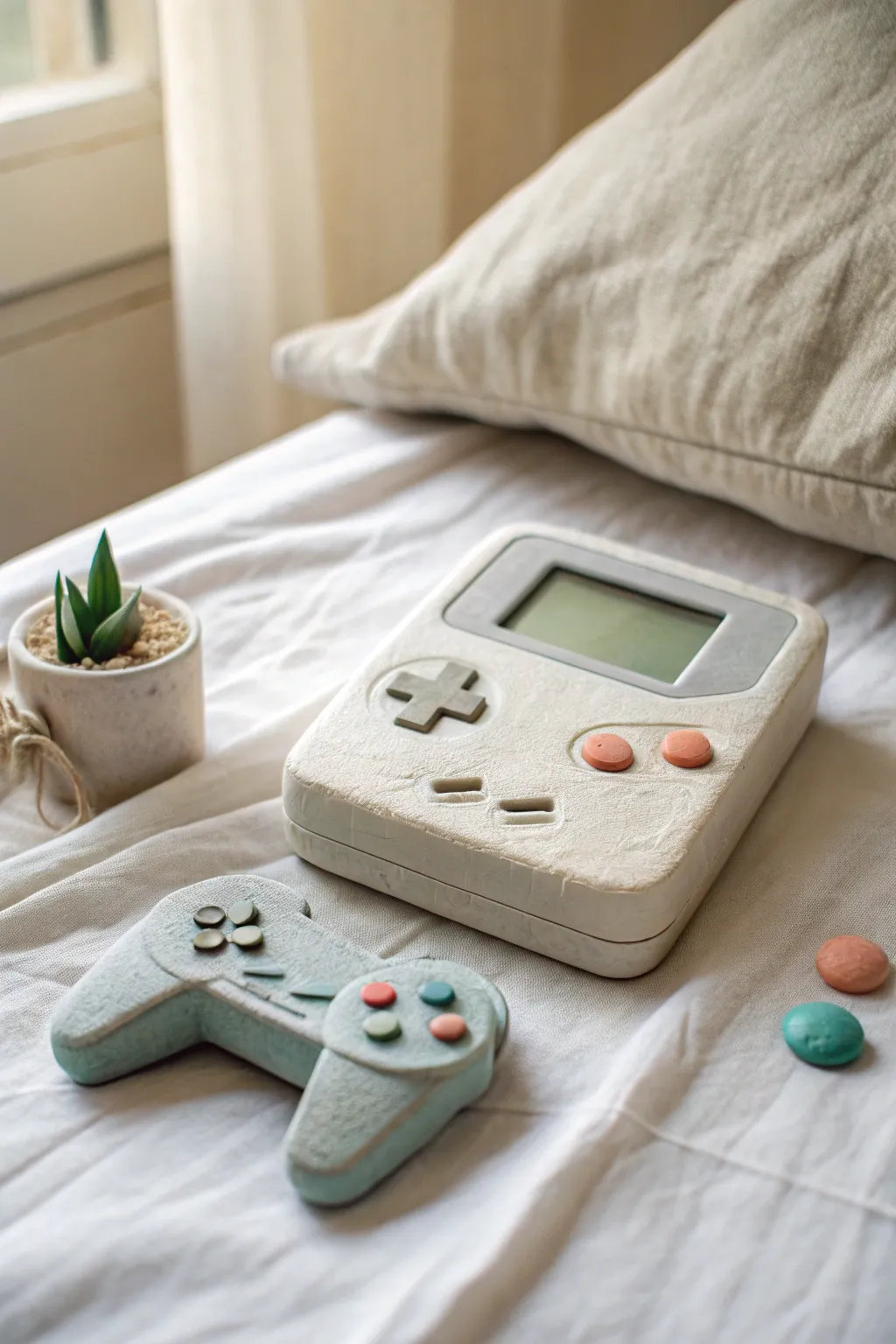 Mini retro game console in clay with tiny controller, minimalist neutral tones and cozy nostalgia.