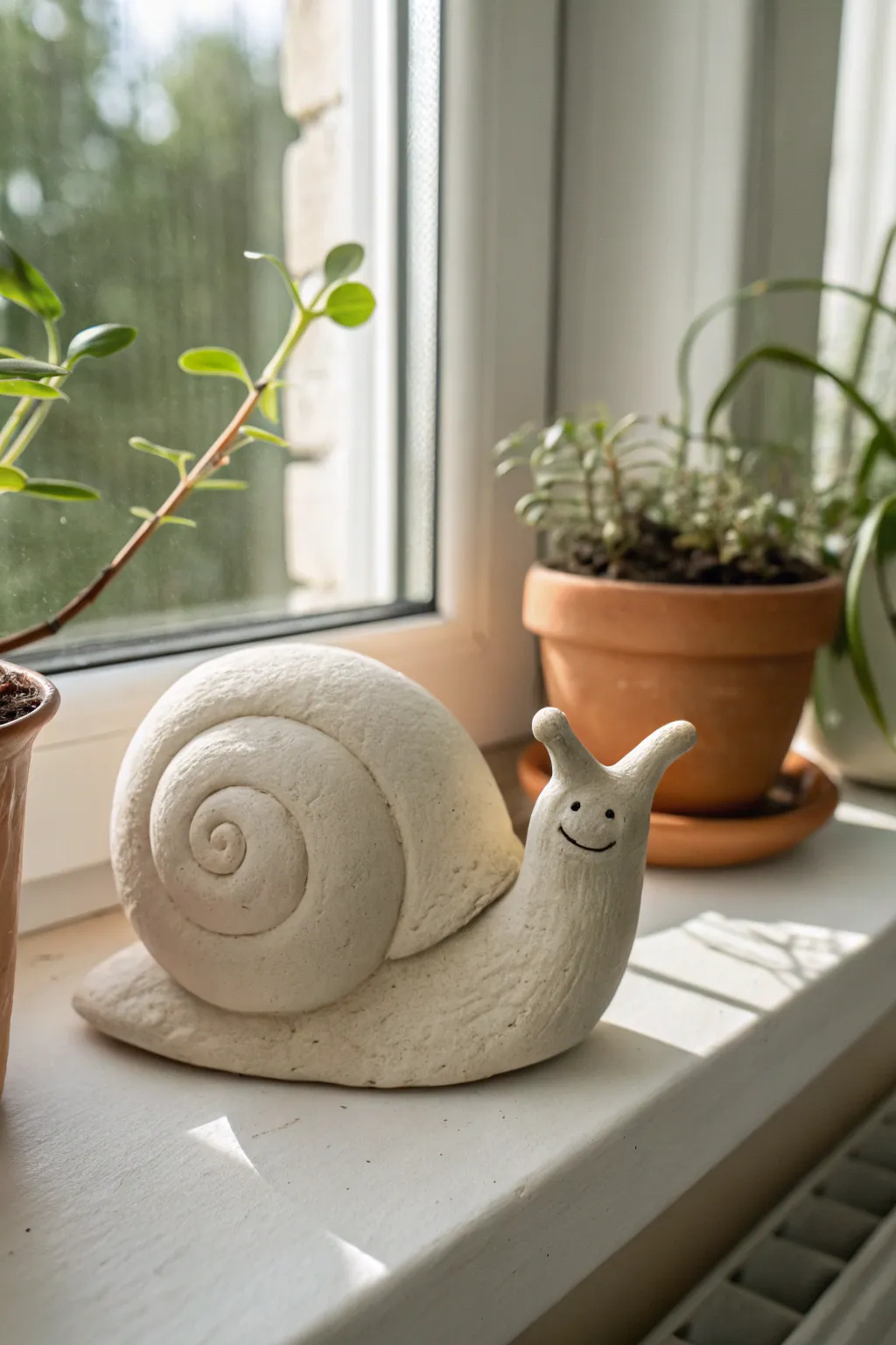 Minimal clay snail with an uncanny human smile, perched on a pot for eerie-cute charm.
