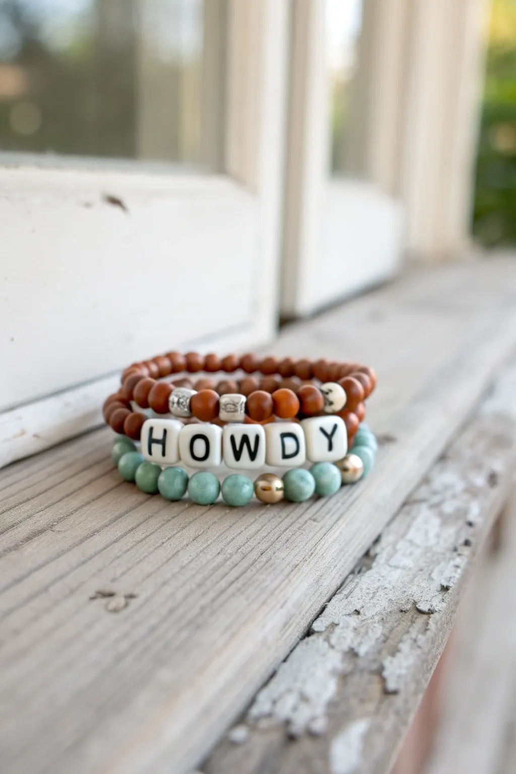 Western-inspired clay bead stack with a bold HOWDY letter bracelet, turquoise and rust accents.