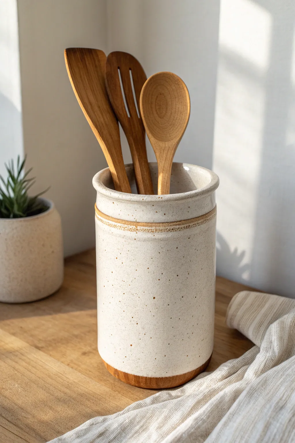Wheel-thrown utensil crock with a thick rim, clean lines, and warm handmade texture