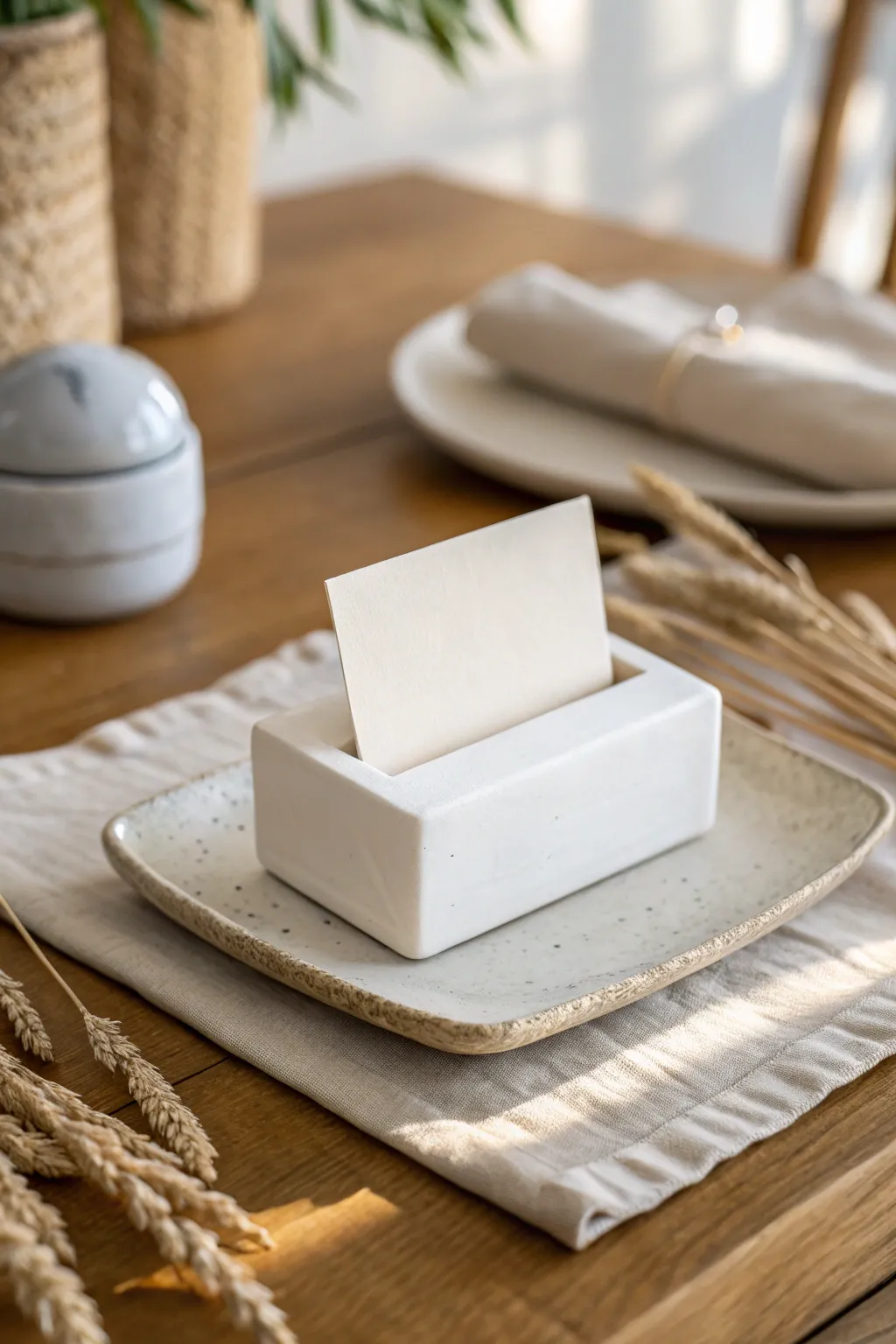 Minimal white air dry clay place card holder adds calm, handmade style to a simple tablescape.