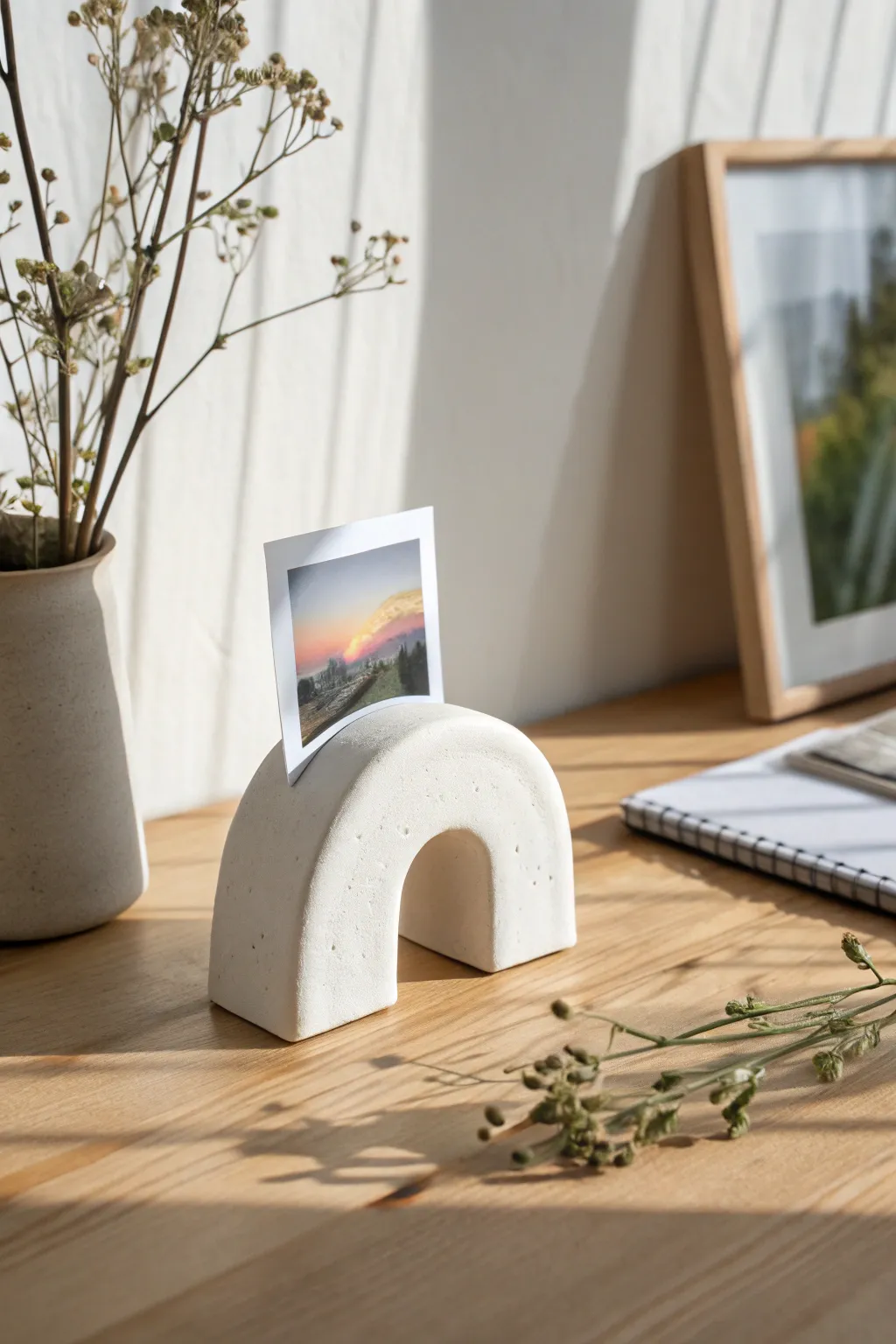 Minimal white clay photo stand with soft shadows, a chic DIY accent for your desk