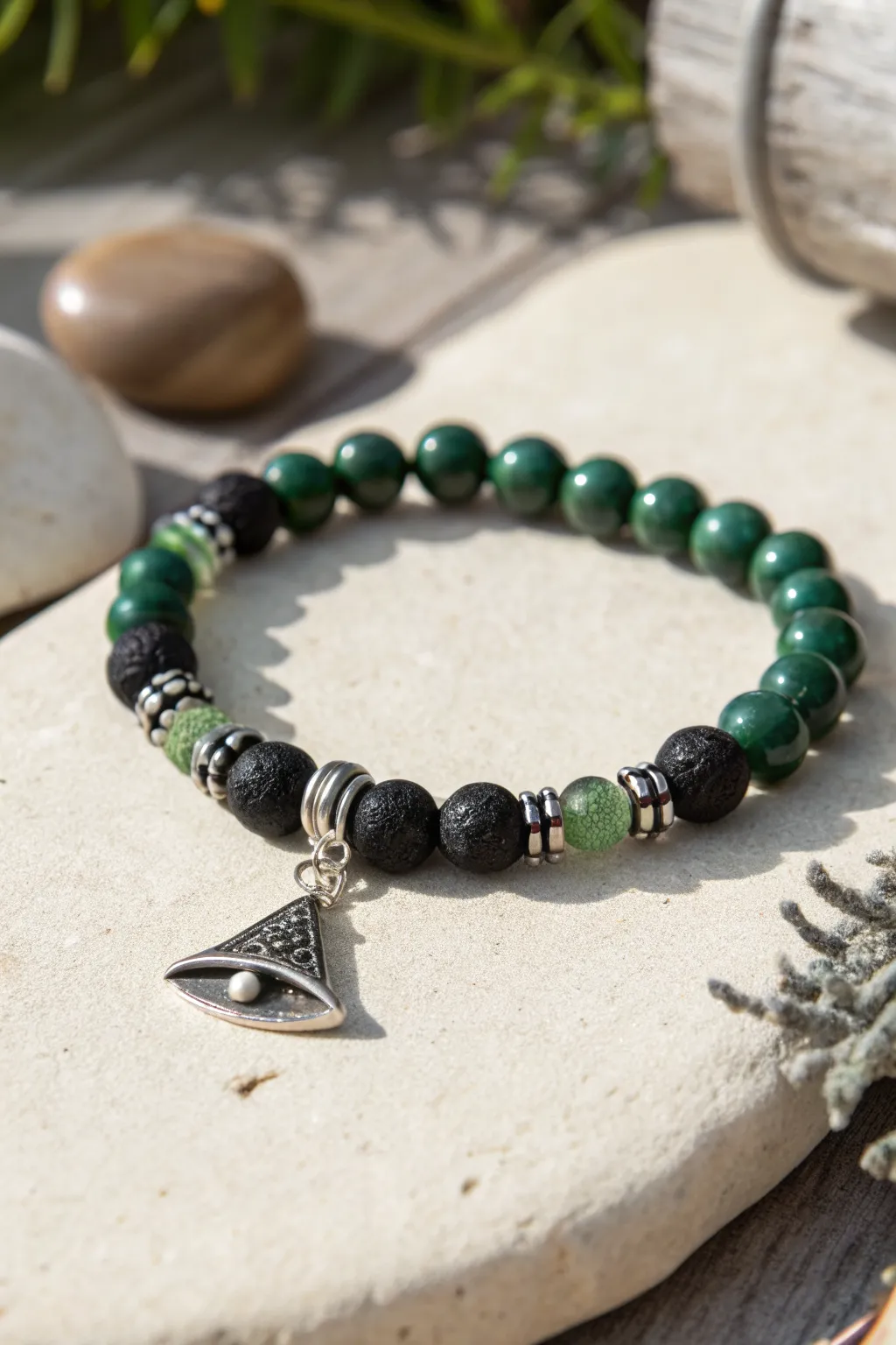 Minimal witchy style: green and black clay bead bracelet with a dangling witch hat charm.