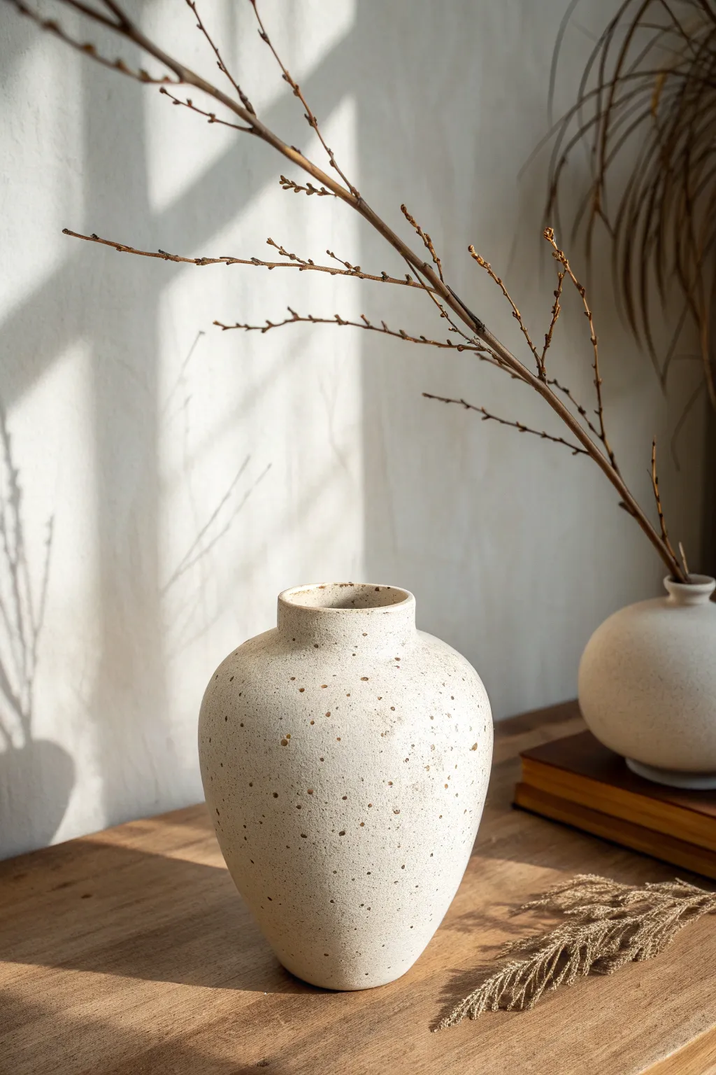 Wide mouth vase with one bold stem and airy negative space for a modern calm statement.