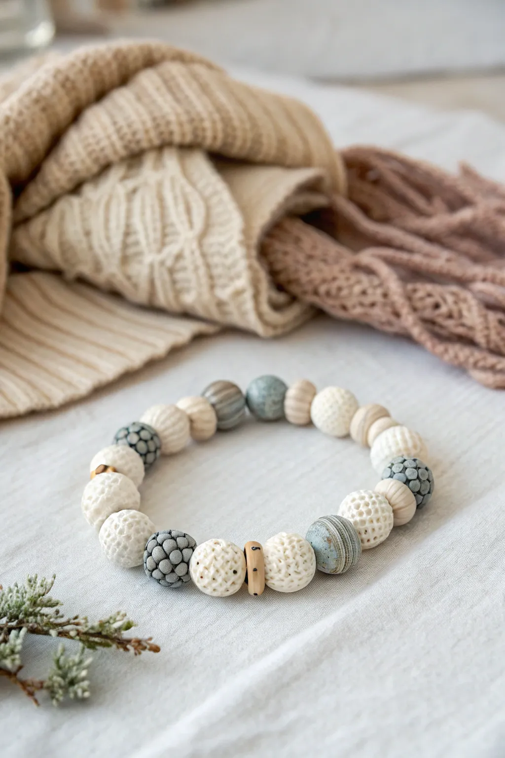 Cozy winter clay bead bracelet with sweater-textured beads in cream and gray, minimalist boho.