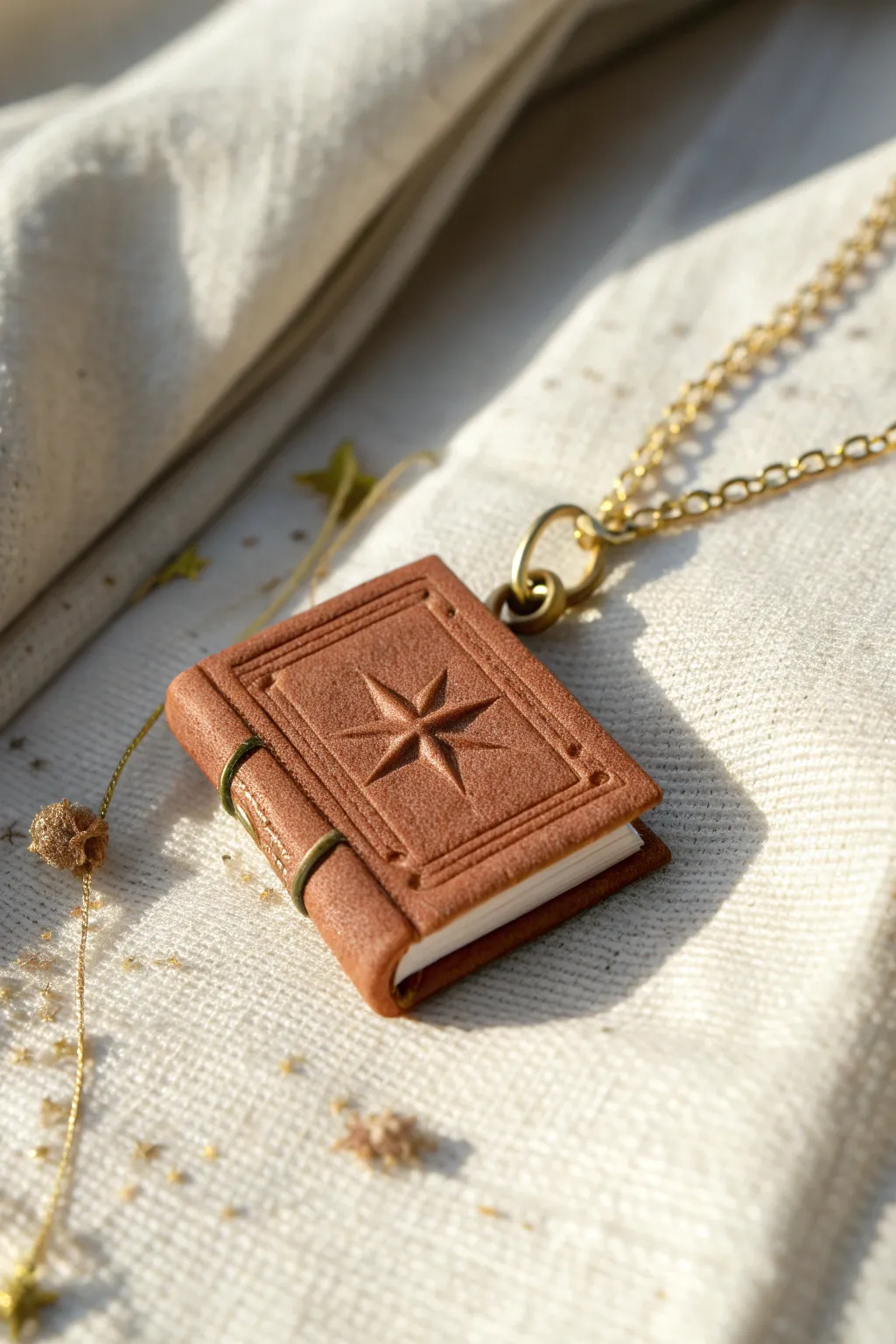 Tiny spellbook clay locket pendant with a simple star detail, minimalist and magical