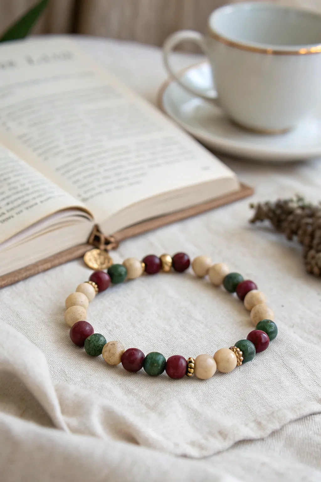 Neutral clay bead bracelet with a round-glasses focal bead, styled with tea and an open book