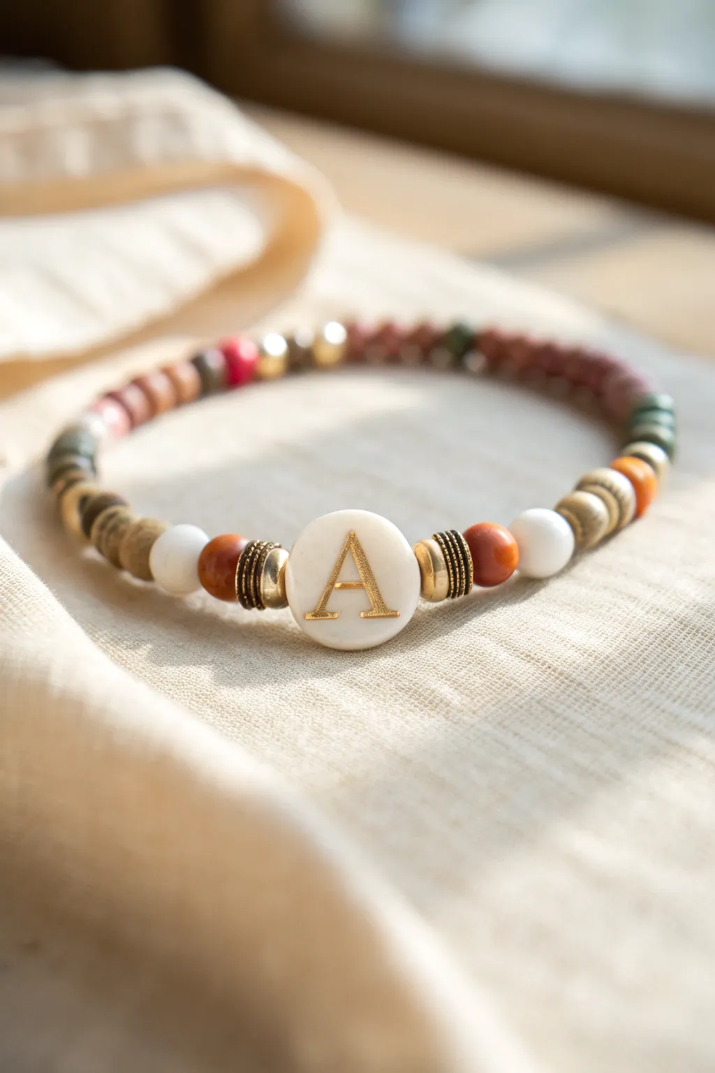 Minimalist heishi bracelet with centered initial bead and perfectly mirrored boho colors.