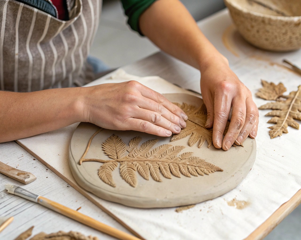 Creating texture on pottery using natural impressions, aligning with wabi-sabi aesthetics.