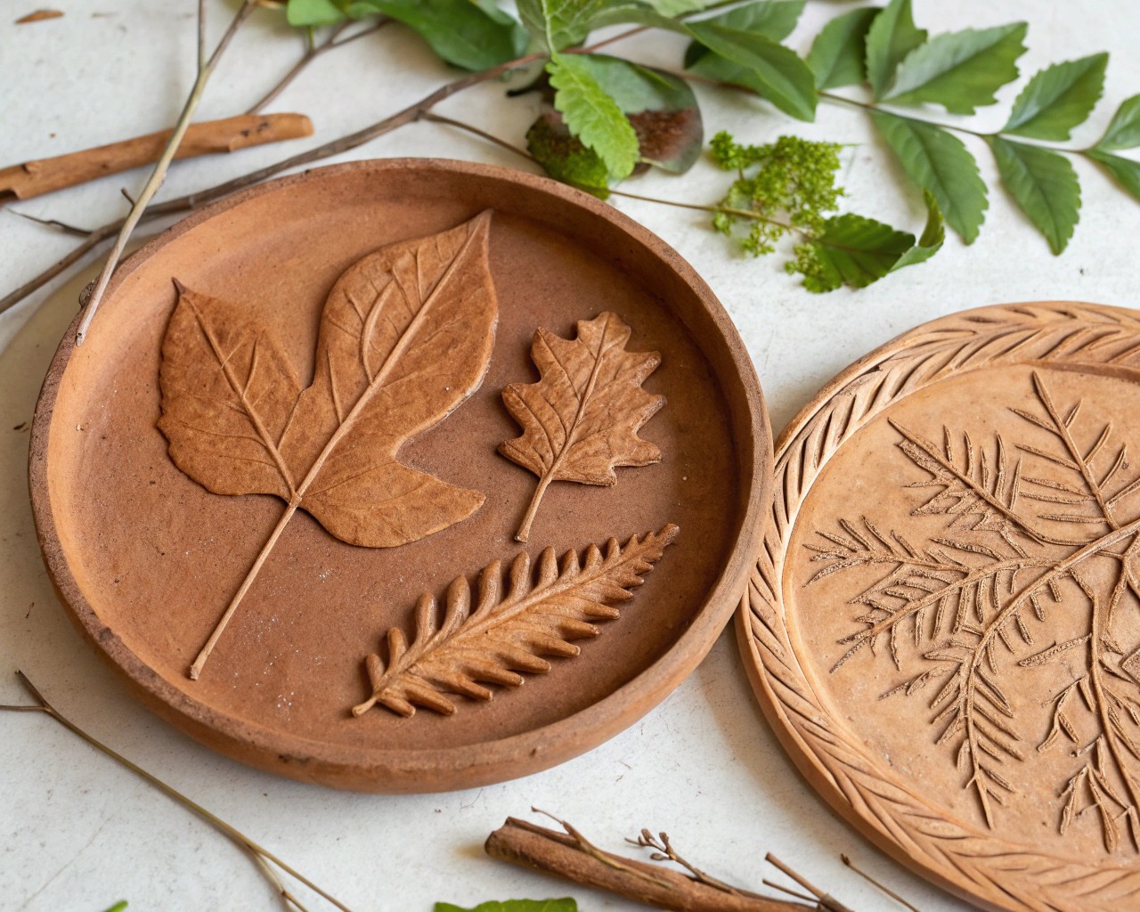 Gather your clay and natural materials to begin the outdoor pottery process.