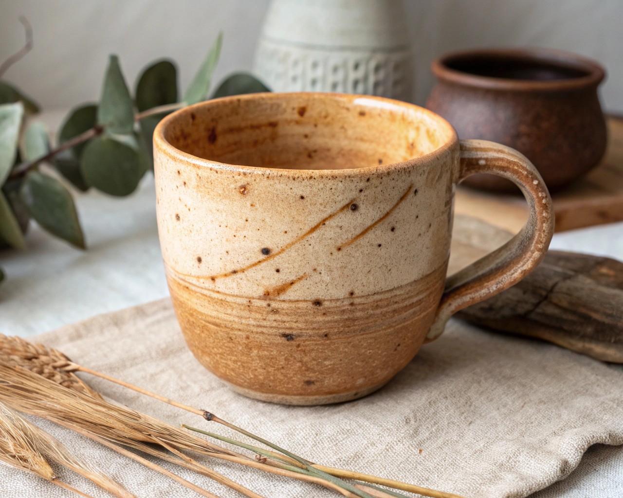 Handmade pottery items like cups, bowls, and planters, perfect for daily use in a wabi-sabi style.