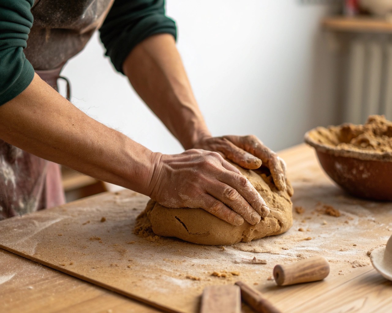 Kneading and preparing soft clay is the first step in crafting unique candleholders.