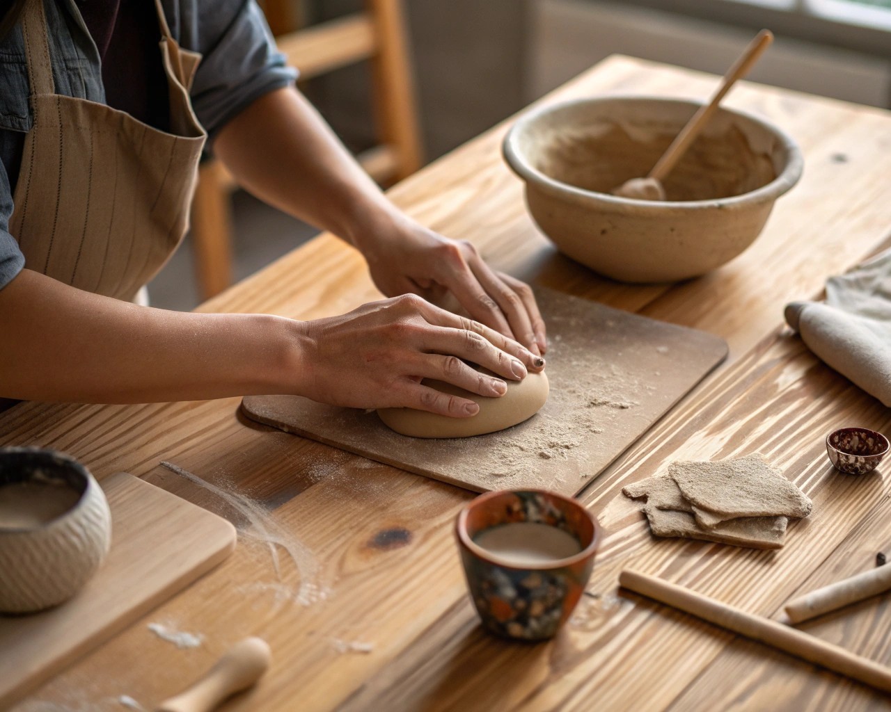 Kneading clay to reach the perfect consistency before shaping.