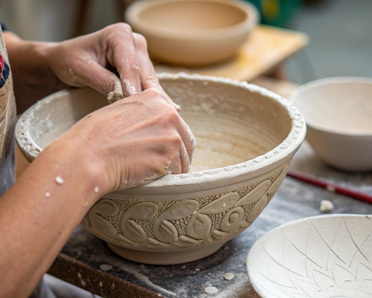 Sanding and sealing clay pieces to enhance their natural beauty.