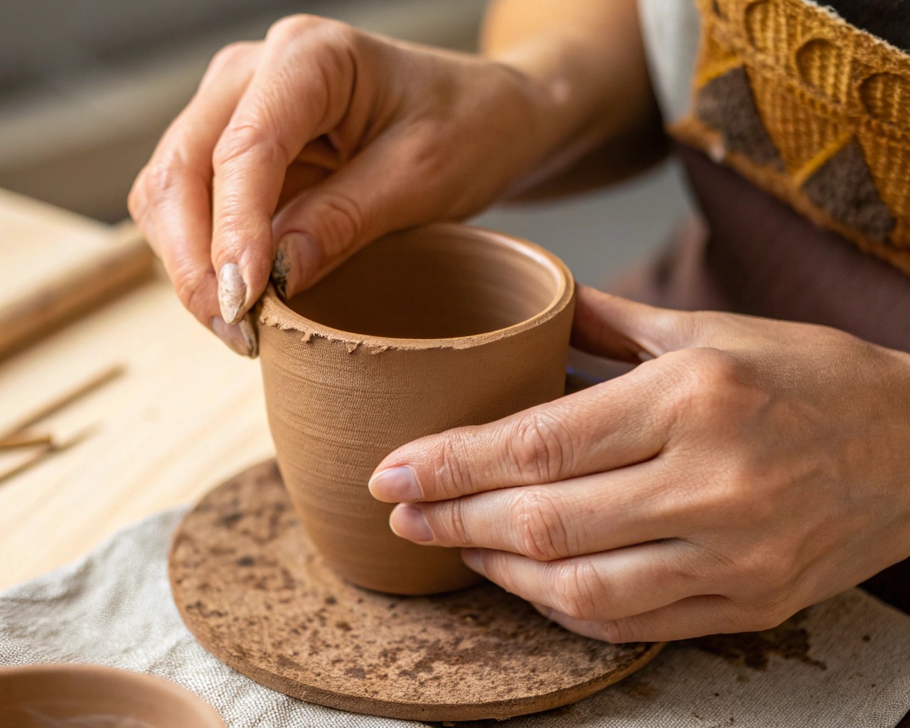 The pinching technique in action, forming a cozy, handcrafted clay cup.